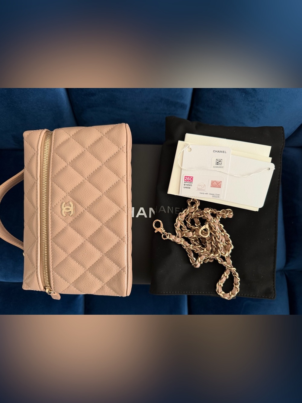 CHANEL neutral Quilted Leather Crossbody Bag with Gold Chain Strap